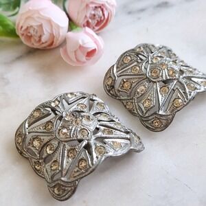 Antique Art Deco Silver Rhinestone Shoe Clips Set Geometric Filigree Pair